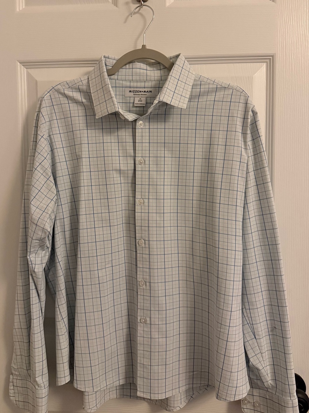 Mizzen+Main Blue & White Windowpane Performance Dress Shirt Medium Classic Fit